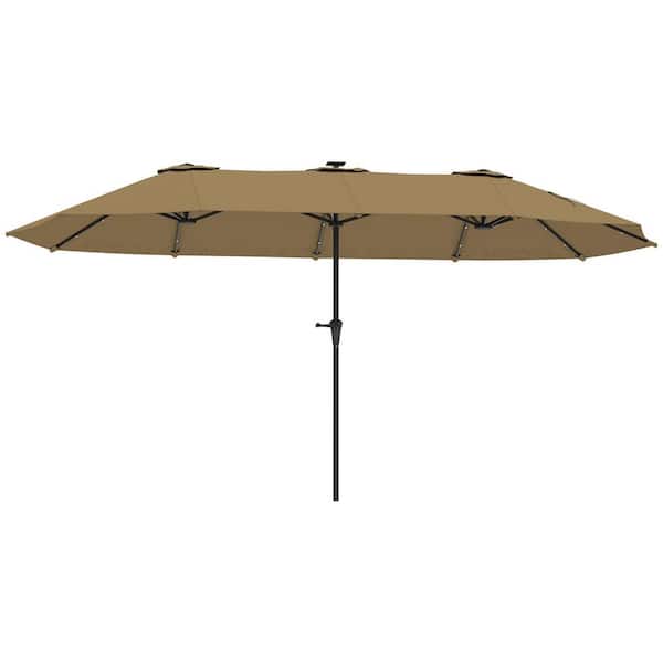 13 ft. Patio Umbrella in Khaki with Solar Lights, Double-Side Outdoor Market Umbrella with Crank Handle and 48 LED Light