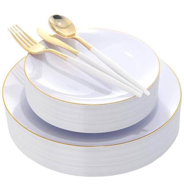 30-Guest Disposable Gold and White Plastic Dinner and Salad Plates with Cutlery Set for Parties