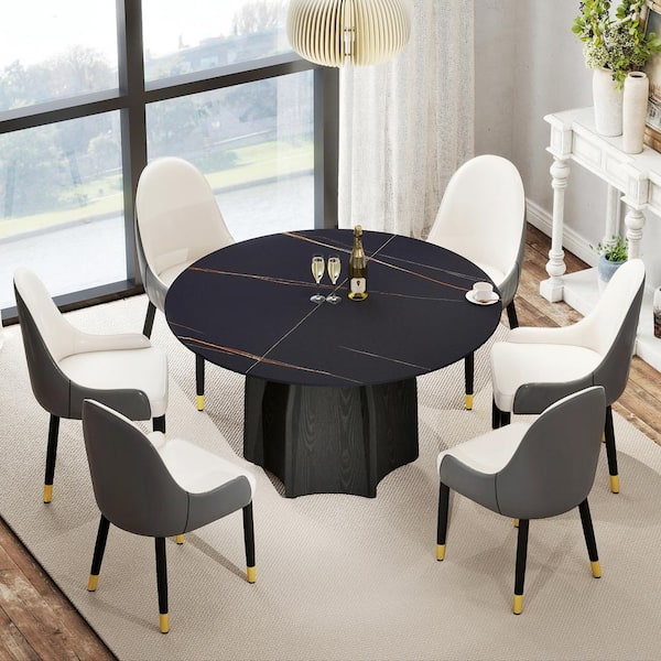 Magic Home 53.1 in. Black Round Sintered Stone Tabletop Black Pedestal Base Kitchen Dining Table (Seats-6)