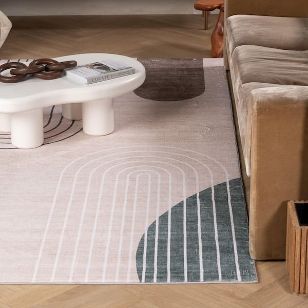 Eclipse 8'x10' (Exact Size: 7'7" x 10'10") Mid-Century Modern Indoor Area Rug, Beige Green, Abstract