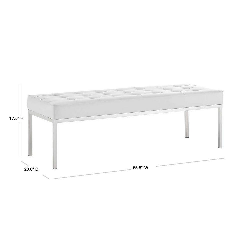 White Vegan Leather Tufted Bench with Stainless Steel Legs