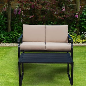 Black 2-Piece Metal Outdoor Loveseat with Beige Cushions, Rectangle Table