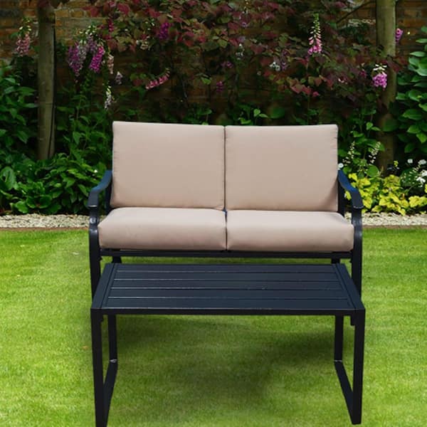 Afoxsos Black 2-Piece Metal Outdoor Loveseat with Beige Cushions, Rectangle Table