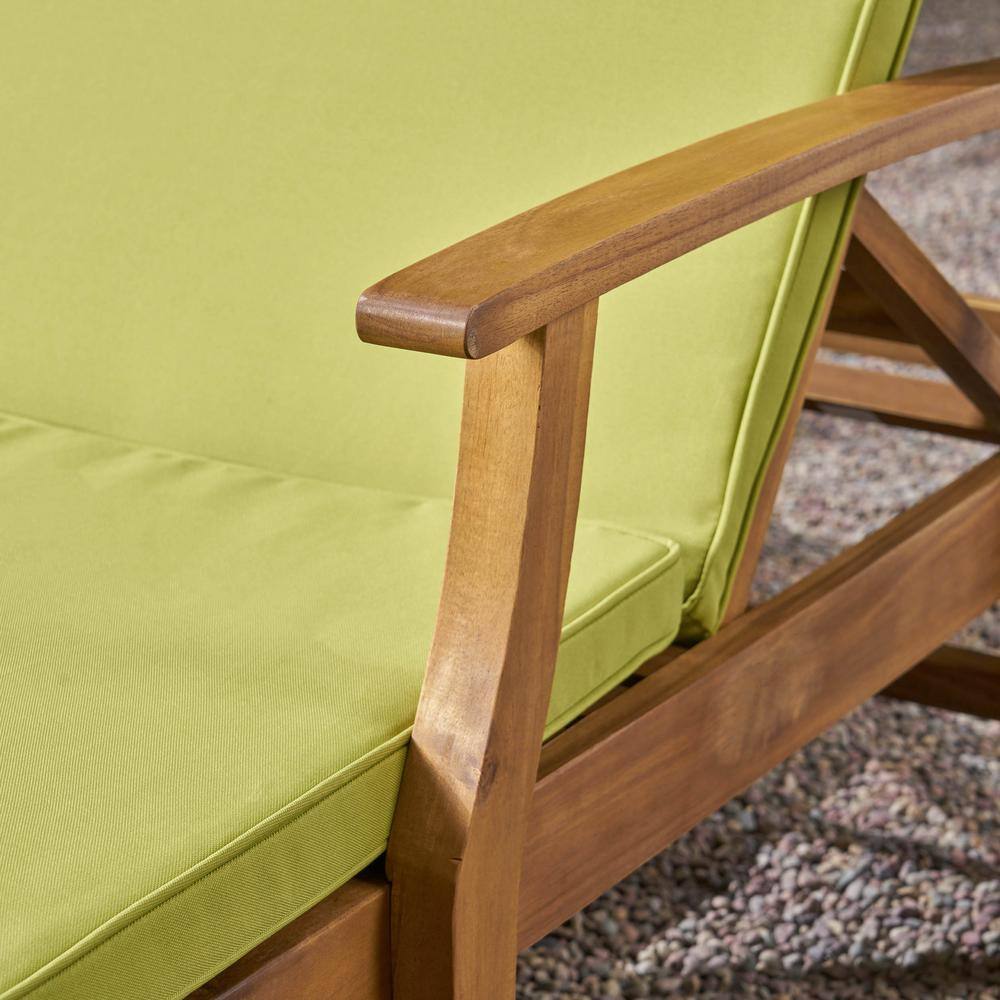 Scandinavian Teak Brown Double Chaise Lounger with Green Cushions