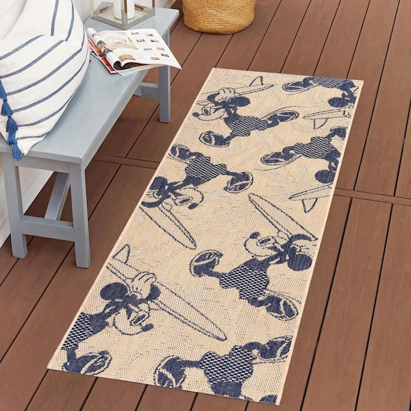 Mickey Mouse Surfing Sand/Navy 2 ft. x 6 ft. Animal Print Indoor/Outdoor Runner Rug