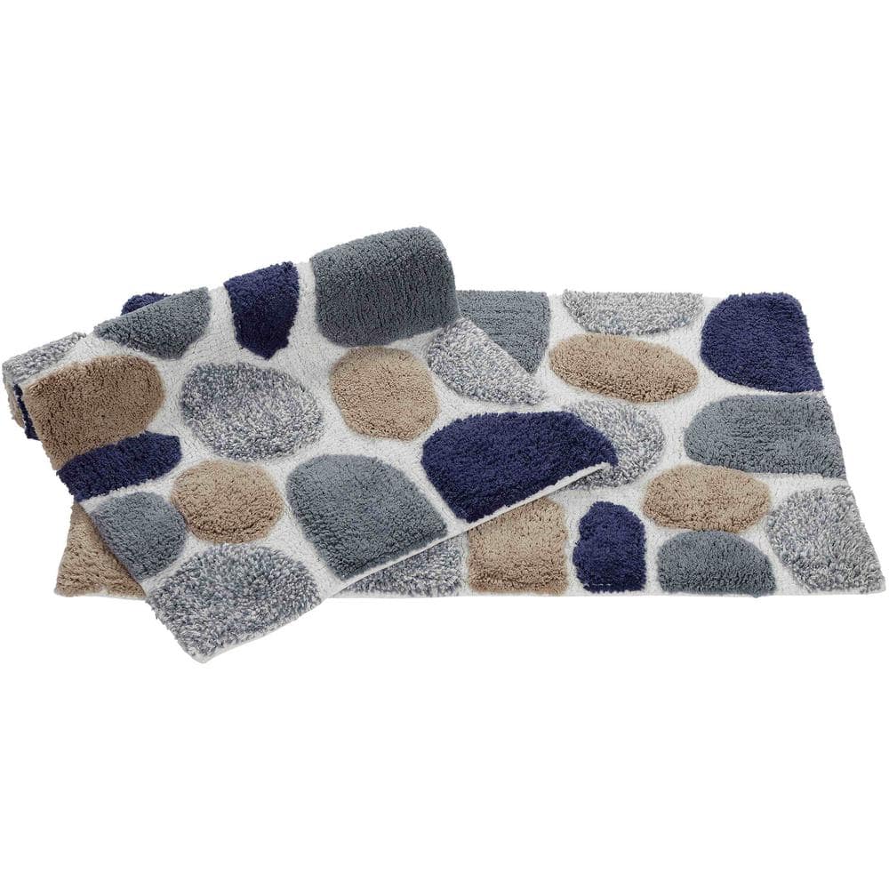 Pebble Pattern Blue and Gray Cotton Bath Rug Set