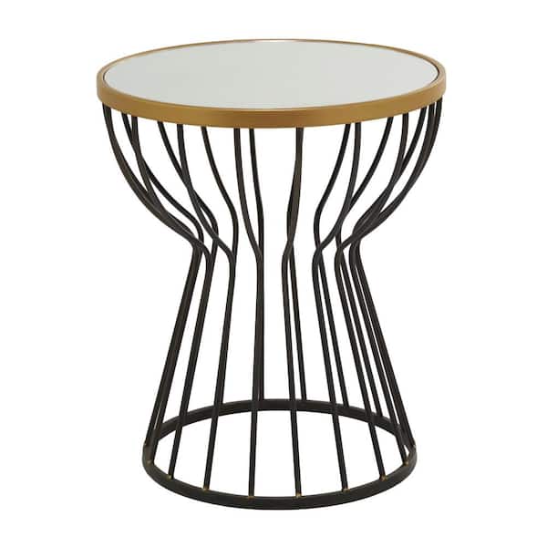 Litton Lane 18 in. Black Large Round Glass End Accent Table with Mirrored Glass Top