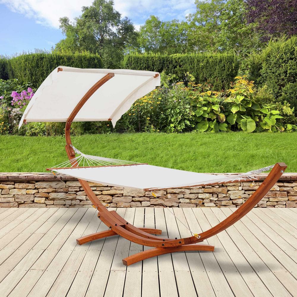 13FT White Cotton Hammock with Wooden Arc Stand and Canopy