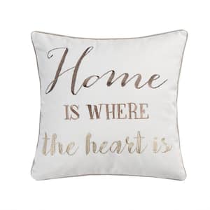 Angelica Linen Cream Home Is Where The Heart Is Sentiment Embroidered 18 in. x 18 in. Throw Pillow