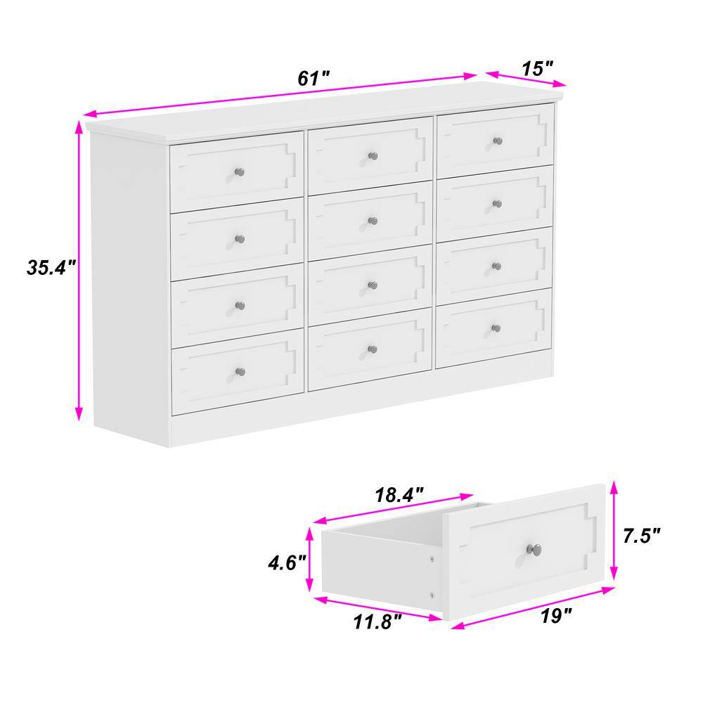 White 12-Drawers 61 in. Width x 35.4 in. Height Wooden Dresser without Mirror, Chest of Drawers with Silver Handle - thumbnail 4