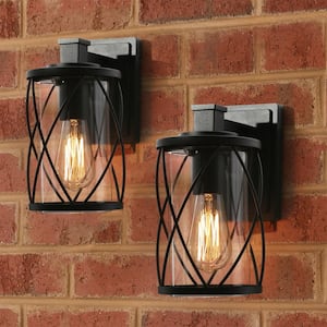 Farmhouse Outdoor Porch Wall Light 1-Light Craftsman Black Patio Wall Lantern Sconce with Clear Glass Shade (2-Packs)