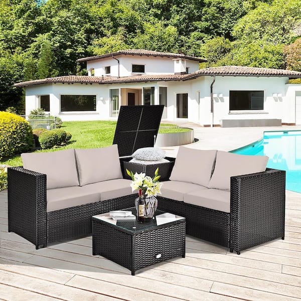 Brown 4-Piece Rattan Wicker Outdoor Patio Conversation Sectional Seating Set with Brown Cushions