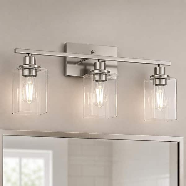 24 in. 3-Light Brushed Nickel Vanity Light for Bathroom Mirror Powder Room, Clear Square Glass Wall Fixture