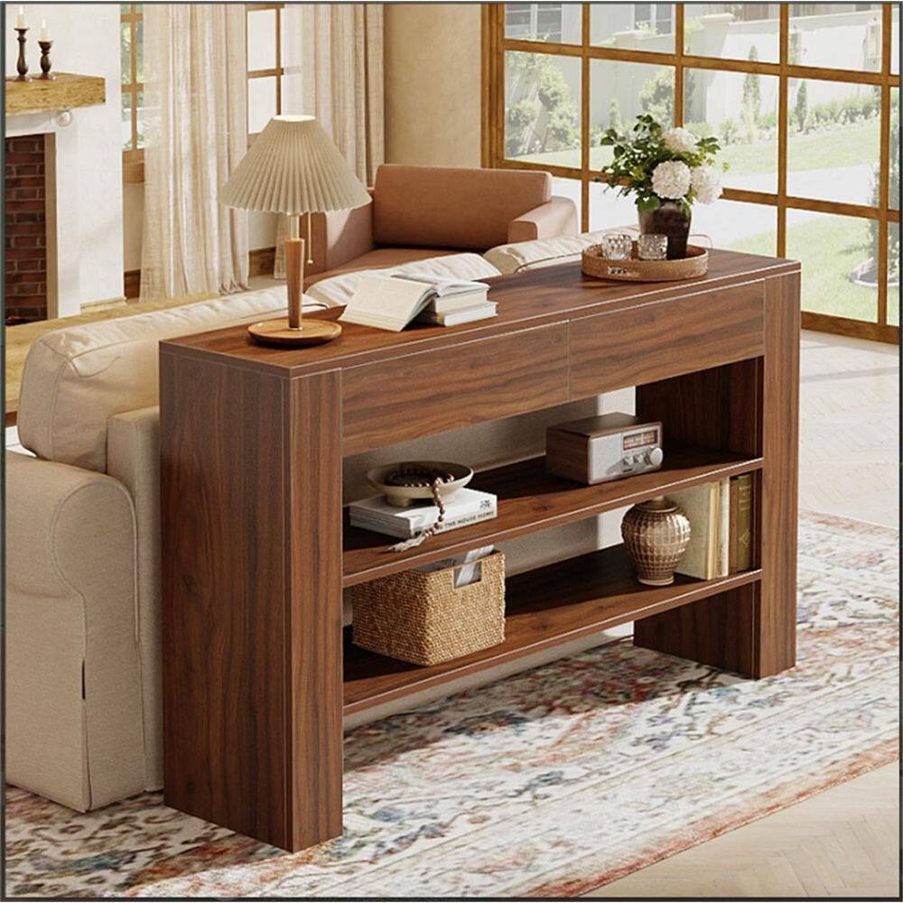 53 in. Brown Rectangle Wood Console Table with Drawers, Modern Entryway Table Sofa Table with Storage Shelves