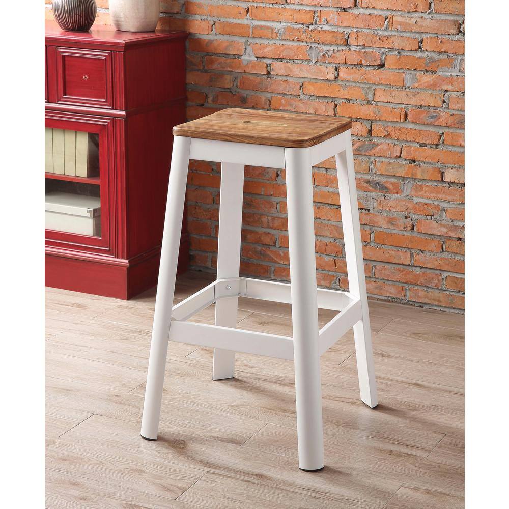 Natural and White Backless Pine Wood and Metal Bar Stool
