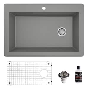 QT-670 Quartz/Granite 33 in. Single Bowl Top Mount Drop-In Kitchen Sink in Grey with Bottom Grid and Strainer