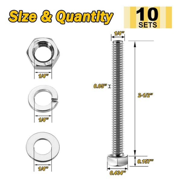 1/4 in.-20 x 2-1/2 in. Stainless Steel Hex Bolt with Nut, Washer and Lock Washer (10-Pack)