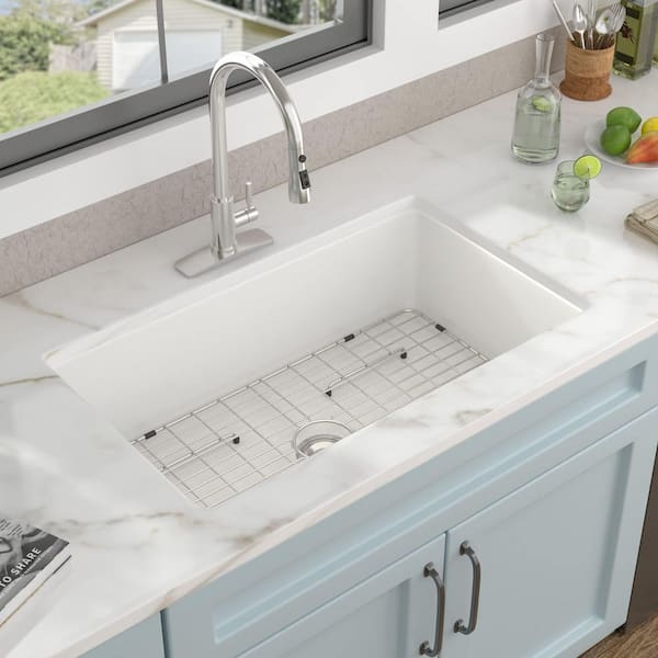 32 in. R10 Corners White Fireclay Undermount Kitchen Sink-High-Gloss Porcelain Single Bowl Deep Basin Dual-Mount