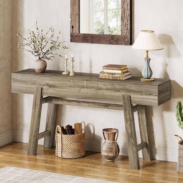 TRIBESIGNS WAY TO ORIGIN Benjamin 63 in. Brown Rectangle Wood Console Table, Long Entryway Table Sofa Table Behind Couch