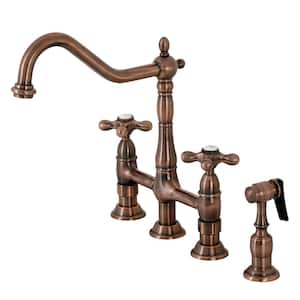 Heritage 2-Handle Bridge Kitchen Faucet with Side Sprayer in Antique Copper