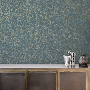 Clarissa Hulse Gypsophila Airforce Blue and Soft Gold Removable Wallpaper