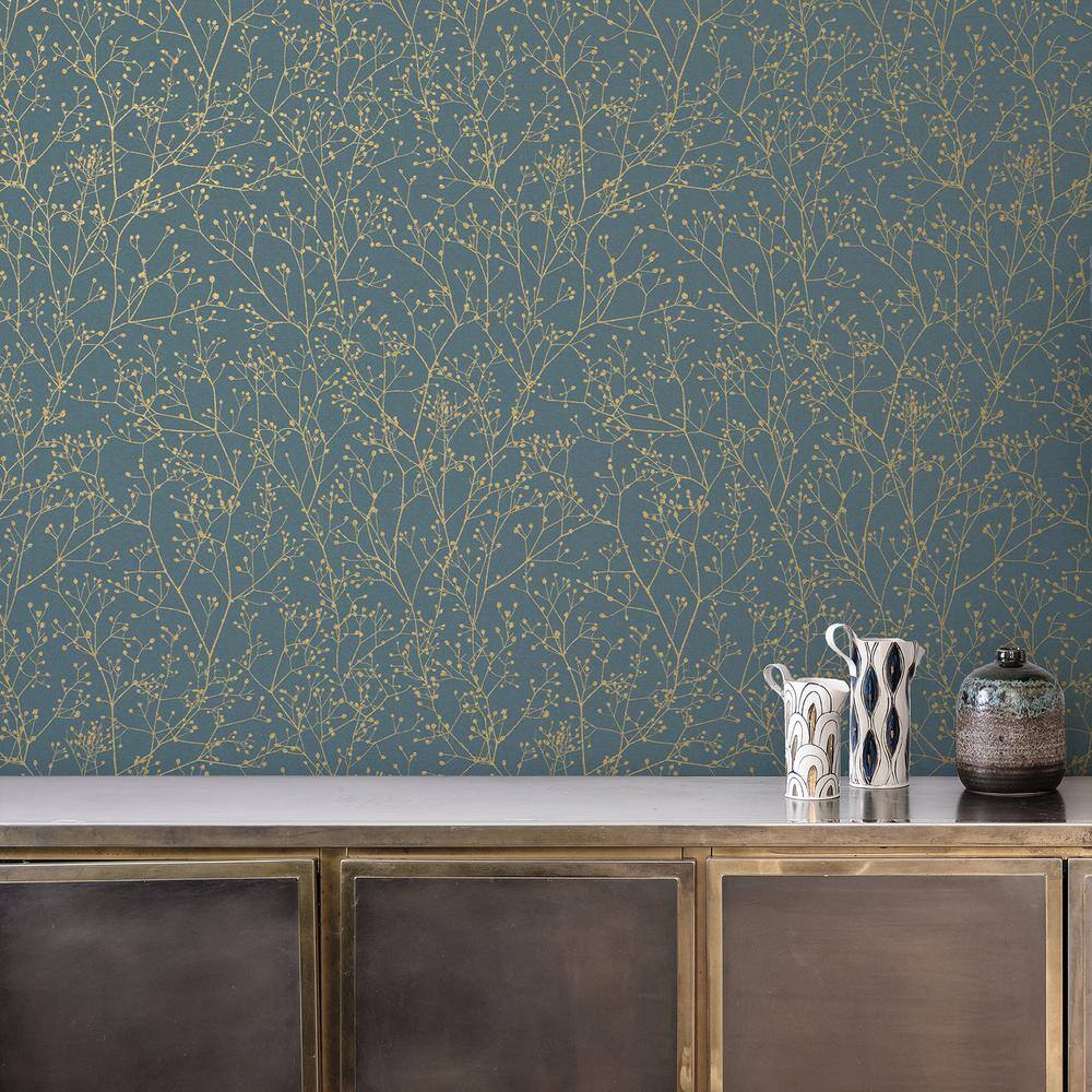 Clarissa Hulse Airforce Blue and Soft Gold Botanical Wallpaper Sample