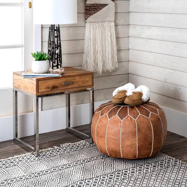 nuLOOM - Handmade Moroccan Leather Filled Ottoman Brown Round Pouf