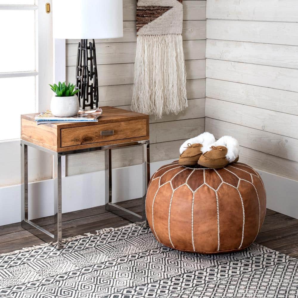 Modern Hand-Stitched Brown Leather Moroccan Pouf, 14" H x 20" W
