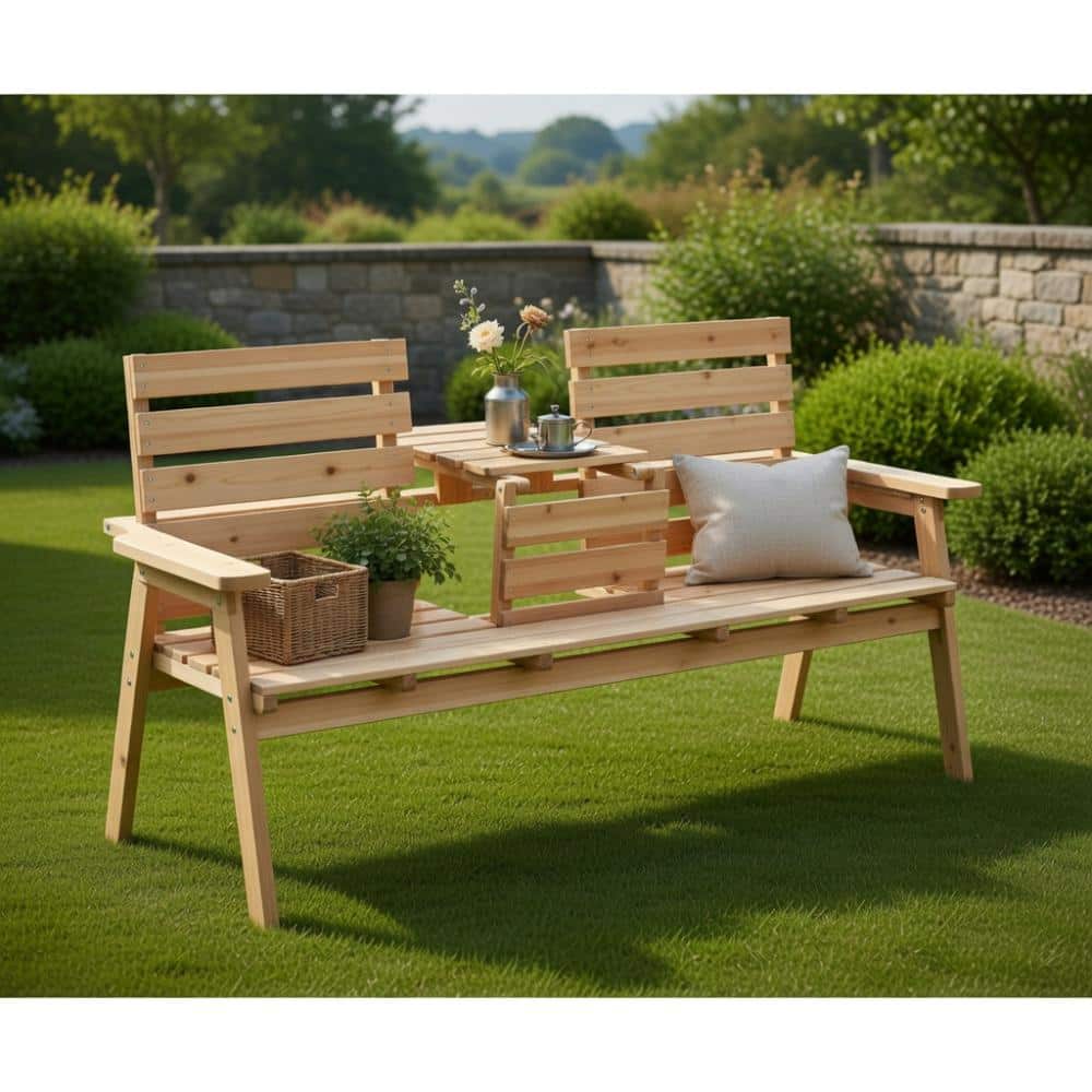 Folding Fir Wood Patio Bench With Built In Middle Table Rustic Finish For Backyard Porch And Deck price history on PriceWatchPro