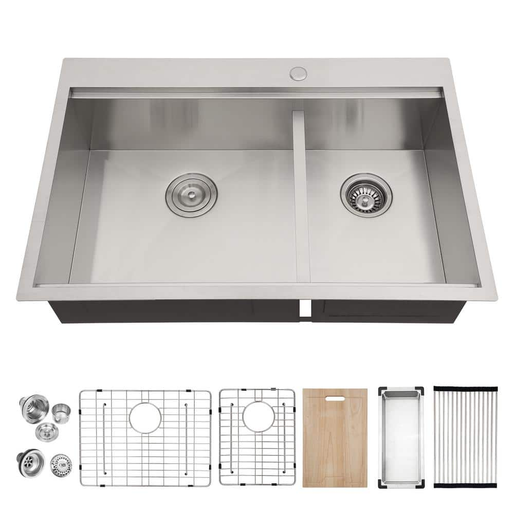 Topmount Drop-In 18G Stainless Steel 33-1/8 in. 3 Hole 60/40 Double Bowl  Kitchen Sink w/ Collapsible Silicone Colanders ALTO-6040-3-CKC - The Home  Depot