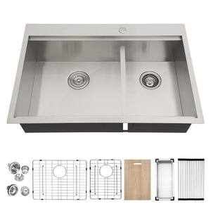 33 in. Drop-in/Top mount Double Bowl 60/40 18 -Gauge Stainless Steel Workstation Kitchen Sink with Bottom Grid