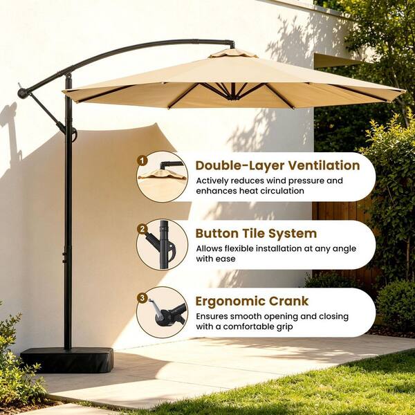 BOZTIY 10 ft. Patio Umbrella w/Base 360 Rotation and Adjustable Angle Offset Cantilever Umbrella UV Protection Canopy in Khaki P1600169-1.8HD01 - The Home Depot BOZTIY 10 ft. Patio Umbrella w/Base 360 Rotation and Adjustable Angle Offset Cantilever Umbrella UV Protection Canopy in Khaki P1600169-1.8HD01 - The Home Depot