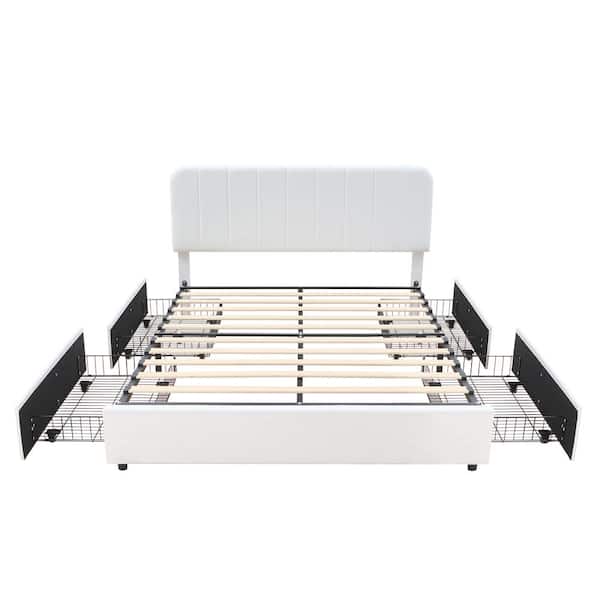 Upholstered Bed White Metal Frame Full Size Platform Bed with 4-Storage Drawers and Headboard, Wooden Slats Support