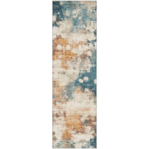Mayfield Premium Machine Washable Abstract AMF2114 Teal 2 ft. x 7 ft. Runner Rug