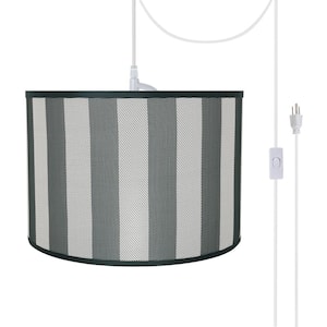 2-Light White Plug-in Swag Pendant with Hunter Green and White Hardback Drum Fabric Shade