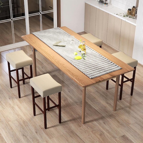 29.5 in. Beige Set of 4 Bar Stools Bar Height Saddle Kitchen Chairs with Wooden Legs