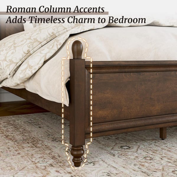 Aubel Dark Walnut Brown Mid-Century Solid Wood Frame King Size Platform Bed with Herringbone-Inspired Pattern Headboard