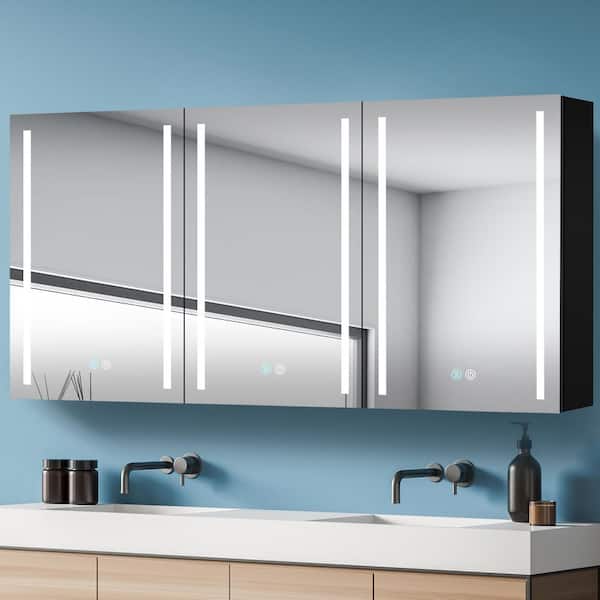 60 in. W x 30 in. H Surface Mount Rectangular Black Aluminum Defogging Bathroom Medicine Cabinet with Mirror and Lights