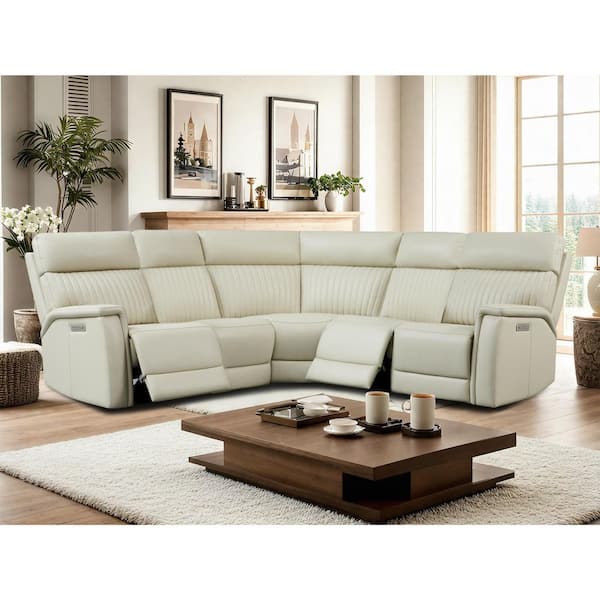 Cole 105 in. Genuine Leather Power Reclining Sectional Sofa with USB&USB-C Port, Ajustable Headrest and Lumbar in. Cream