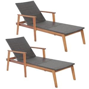 2-Pieces Outdoor Patio Rattan Chaise Lounge Chair Recliner Back Adjustable Acacia Wood