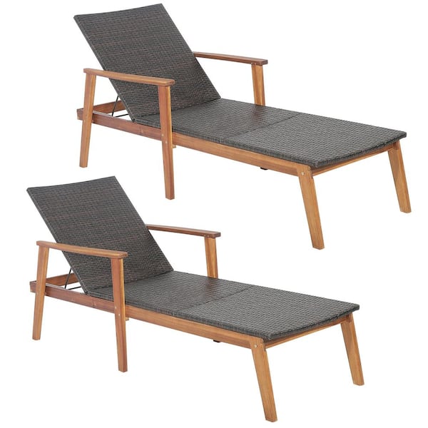 Costway 2-Pieces Outdoor Patio Rattan Chaise Lounge Chair Recliner Back Adjustable Acacia Wood