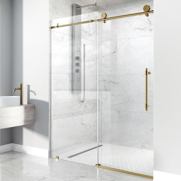 Elan Hart 68 to 72 in. W x 76 in. H Sliding Frameless Shower Door in Matte Brushed Gold with 3/8 in. (10mm) Clear Glass
