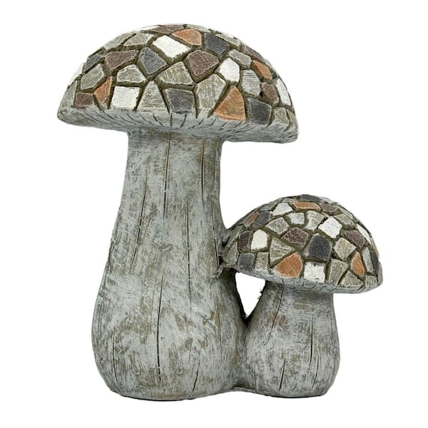 11 in. Mosaic Double Mushroom Garden Statue Resin