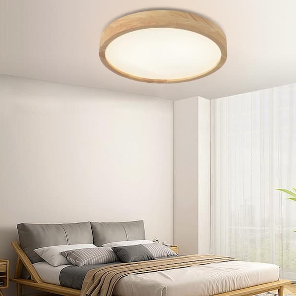OUKANING 15.74 in. Log Color Wood Dimmable Flush Mount LED Ceiling