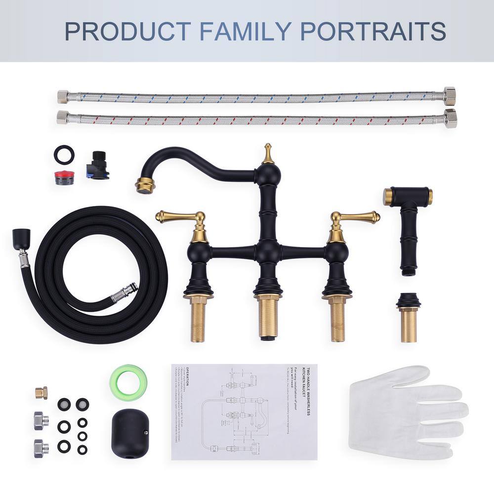 Matte Black and Gold Double Handle Bridge Kitchen Faucet with Side Sprayer