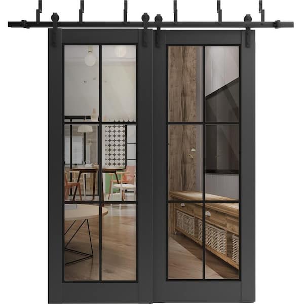 Sartodoors 56 in. x 80 in. 2 Panel Clear Glass Black Matte Solid Wood Sliding Barn Door with Hardware Kit