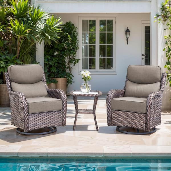 6 in Thicken Brown 3-Pieces Outdoor Patio Conversation Rocking Chair Swivel Glide with Table and Gray Cushions