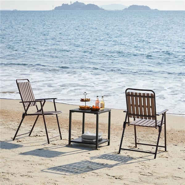Yaheetech 2pcs Foldable Plastic Slatted Folding Dining Chairs With Metal Frame for Garden, Patio, Porch, Balcony, Espresso
