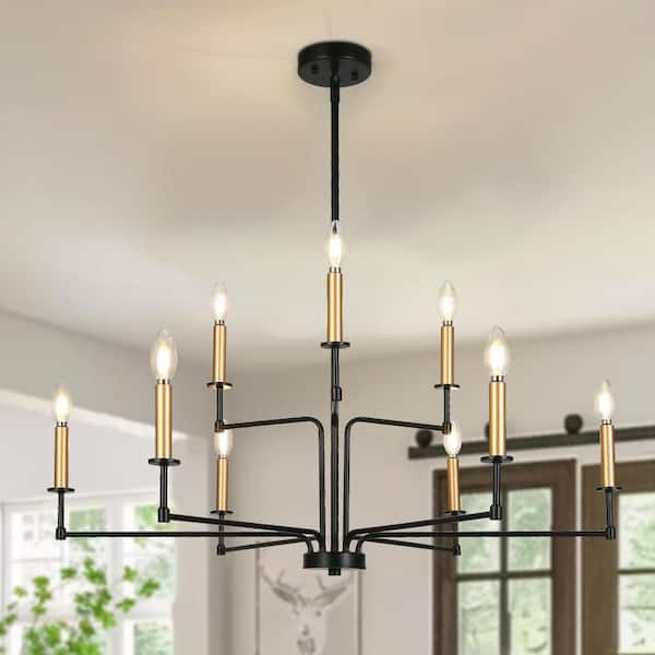 Modern Farmhouse 36.2 in. 9-Light Candlestick Black Chandelier, Tiered Dark Gold Chandelier Lighting Living Room, Foyer