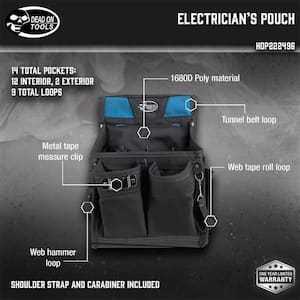 11 in. 14-Pocket Electricians Professional Tool Pouch in Black with Steel Loop and Clip to Hold Tools Securely